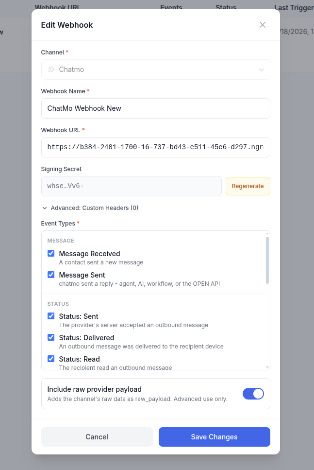 Modal Add Webhook dengan pemilihan channel, URL, dan jenis event